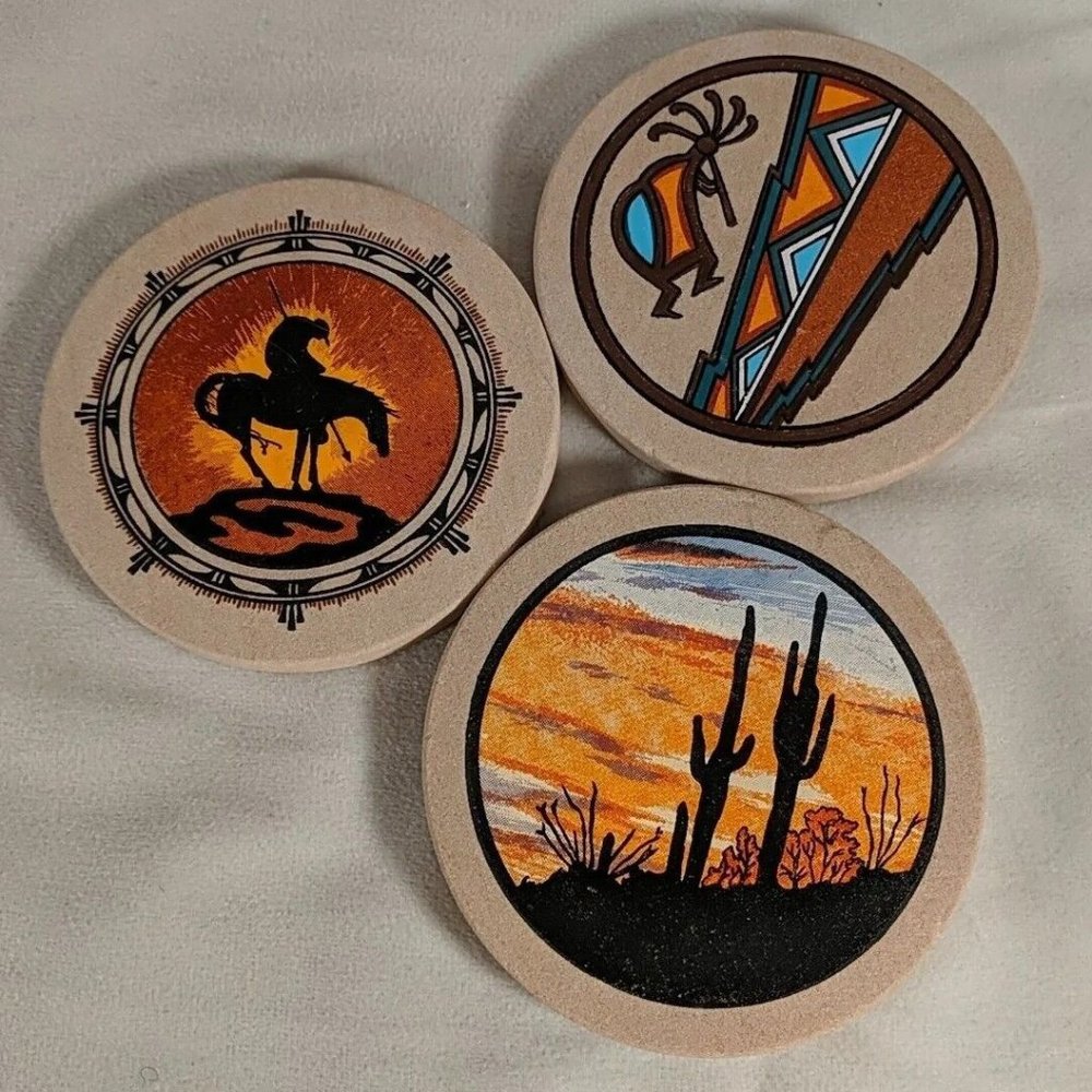 South Western USA Stone Coasters Set of 3 Kokopelli Desert Cactus Horse Native